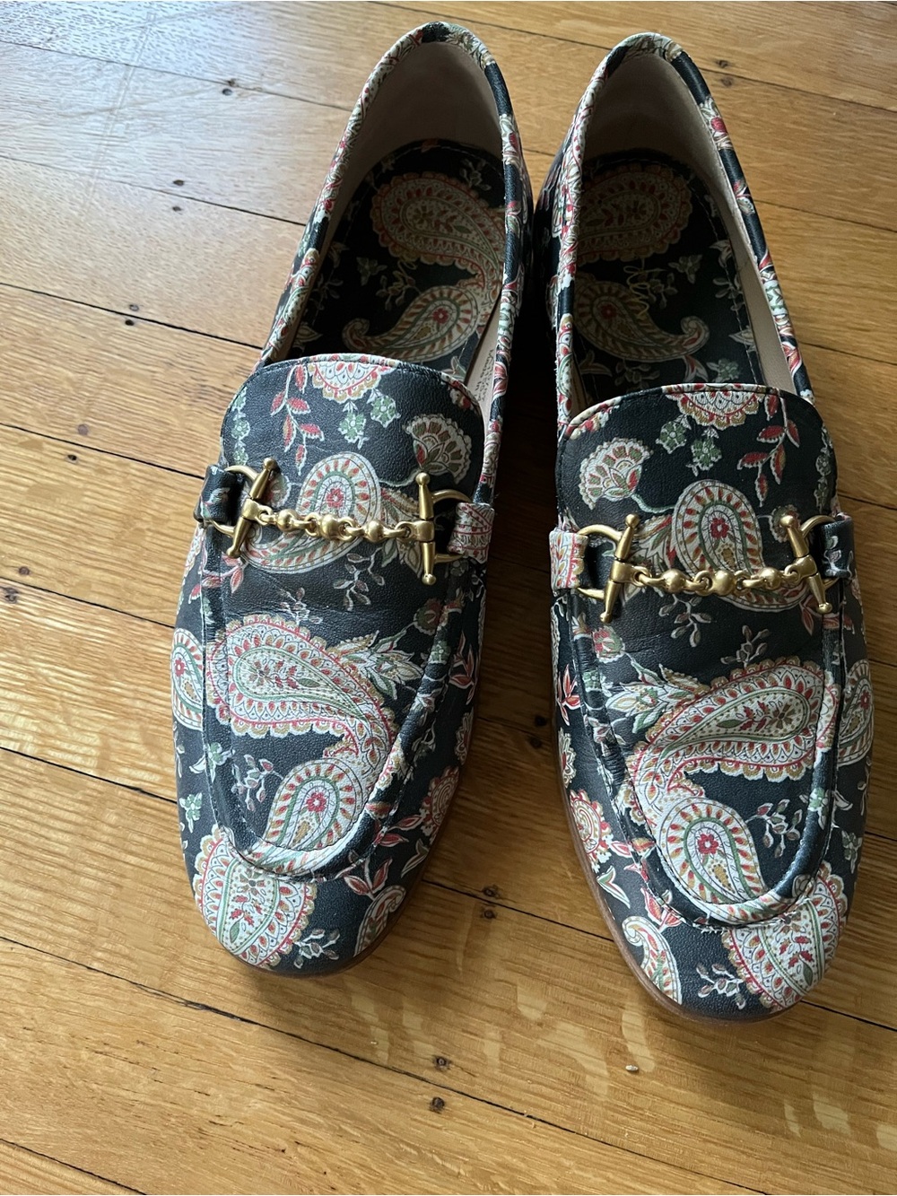 Boden Navy Paisley Print Women's Loafers with Gold Horsebit